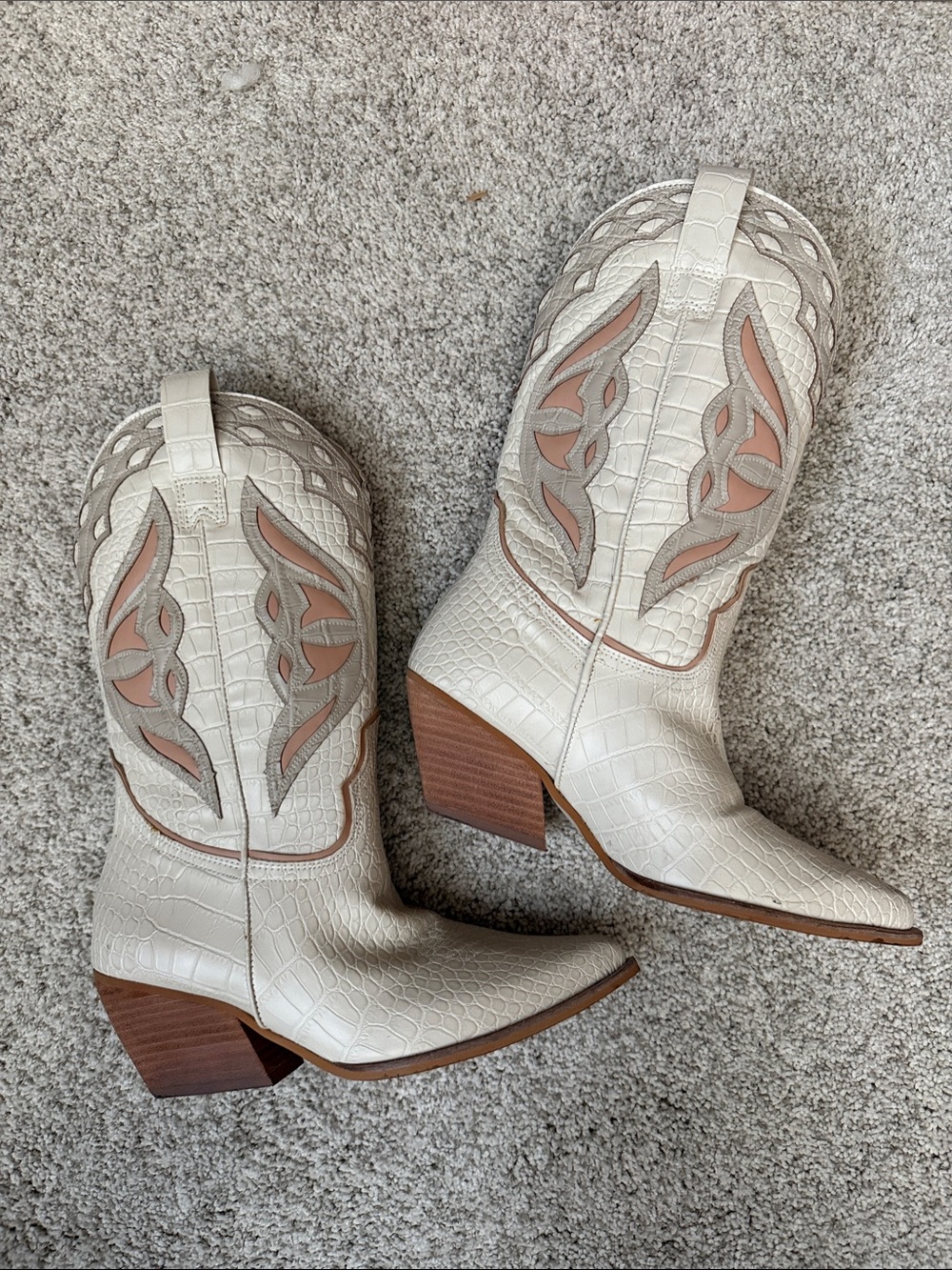 Women’s Cream Western Croc-Embossed Ankle Boots